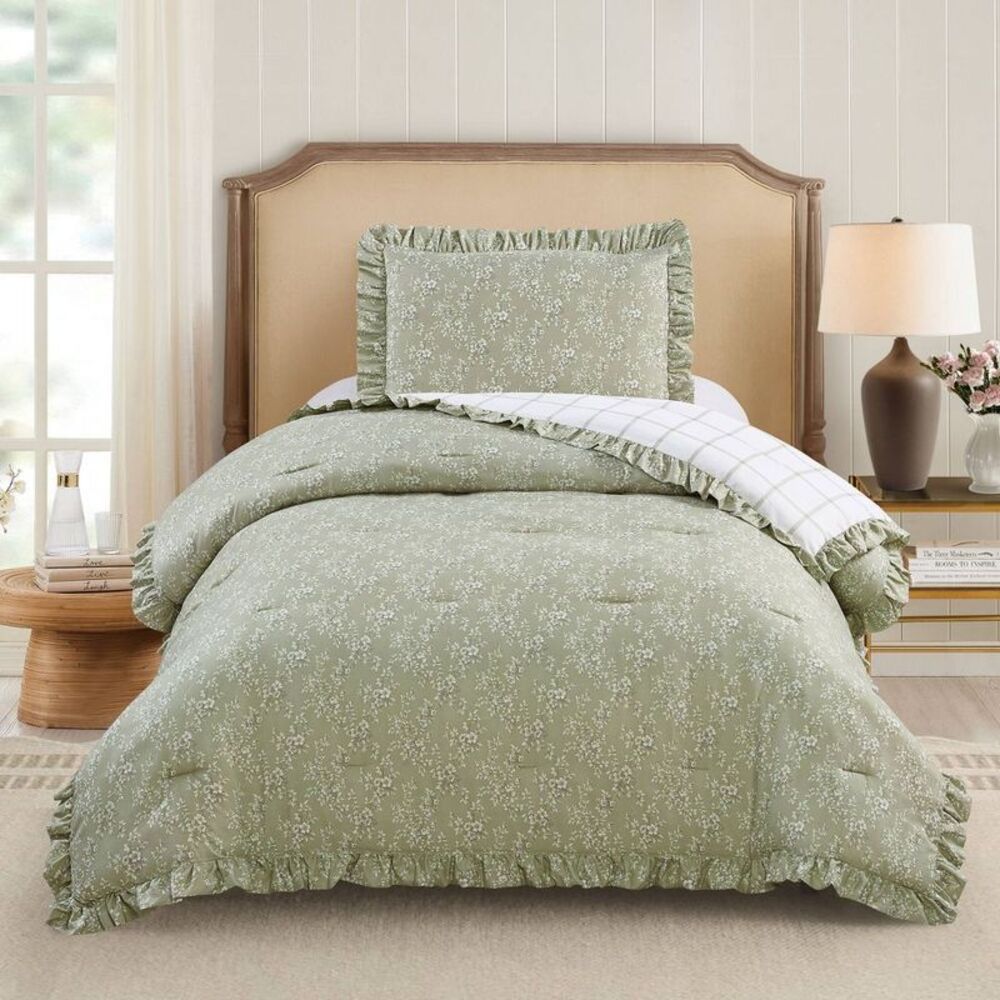 Modern Heirloom -  2pc Twin/Twin XL Floral Ruffle Com Green